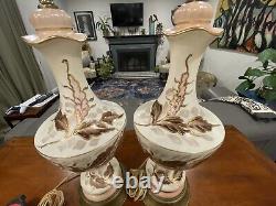 Antique Victorian Style Hand Painted Pair of Tall Enchanting Table Lamps SIGNED