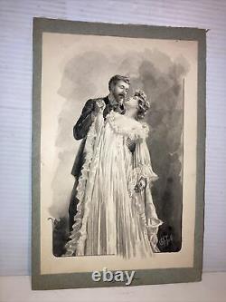 Antique Victorian Watercolor Illustration Kissing Couple woman Artist AG Thill