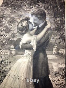 Antique Victorian Watercolor Illustration Kissing Couple woman Artist AG Thill