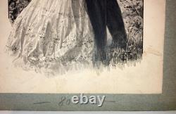 Antique Victorian Watercolor Illustration Kissing Couple woman Artist AG Thill