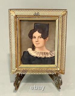 Antique Vintage 19C Gentleman Lady Miniature Portrait Paintings Gold Gilt Frame
