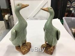 Antique Vintage Chinese Celadon Ducks Pair Impressed Seal Marks Signed