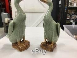 Antique Vintage Chinese Celadon Ducks Pair Impressed Seal Marks Signed