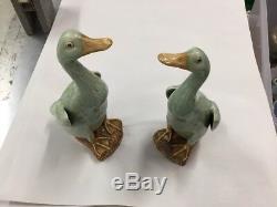 Antique Vintage Chinese Celadon Ducks Pair Impressed Seal Marks Signed