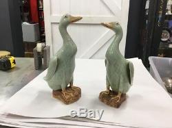 Antique Vintage Chinese Celadon Ducks Pair Impressed Seal Marks Signed