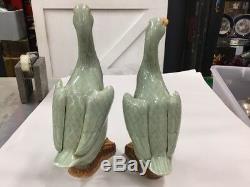 Antique Vintage Chinese Celadon Ducks Pair Impressed Seal Marks Signed