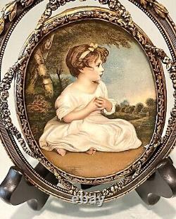 Antique Vintage England Boy Girl Miniature Portrait Paintings Gold Gilt Framed