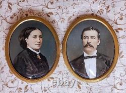 Antique Vintage Miniature Portrait Painting Pair Signed by Ch. Risbourg 1876