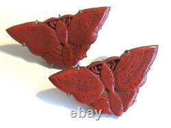 Antique Vintage Pair Set Chinese Export Carved Cinnabar Lacquer Moth Dress Clips