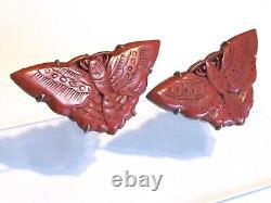 Antique Vintage Pair Set Chinese Export Carved Cinnabar Lacquer Moth Dress Clips