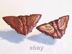 Antique Vintage Pair Set Chinese Export Carved Cinnabar Lacquer Moth Dress Clips