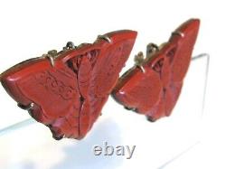 Antique Vintage Pair Set Chinese Export Carved Cinnabar Lacquer Moth Dress Clips