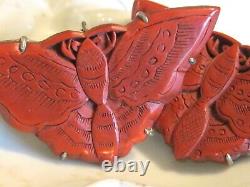 Antique Vintage Pair Set Chinese Export Carved Cinnabar Lacquer Moth Dress Clips