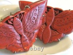Antique Vintage Pair Set Chinese Export Carved Cinnabar Lacquer Moth Dress Clips