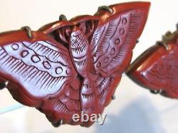 Antique Vintage Pair Set Chinese Export Carved Cinnabar Lacquer Moth Dress Clips