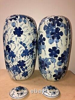 Antique/Vintage Pair of Blue & White Chinese Porcelain Covered Vases H 15 each