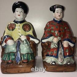 Antique/Vintage Pair of Chinese Pottery King & Queen, Hand Painted Enamel Signed
