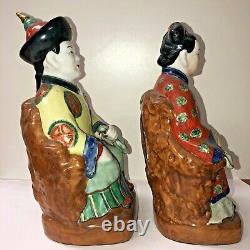 Antique/Vintage Pair of Chinese Pottery King & Queen, Hand Painted Enamel Signed