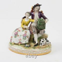 Antique Volkstedt Porcelain Romantic Couple Figurine Dog Bird Cage Signed German