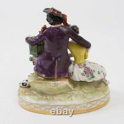 Antique Volkstedt Porcelain Romantic Couple Figurine Dog Bird Cage Signed German