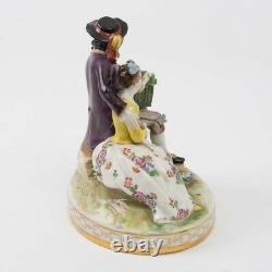 Antique Volkstedt Porcelain Romantic Couple Figurine Dog Bird Cage Signed German