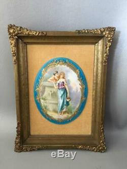 Antique Vtg Sevres Sty Blue & Gold Courting Couple Porcelain Cameo Plaque Signed