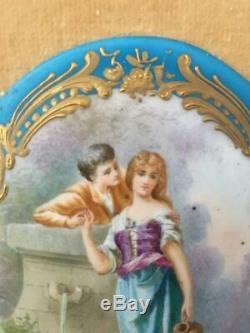 Antique Vtg Sevres Sty Blue & Gold Courting Couple Porcelain Cameo Plaque Signed