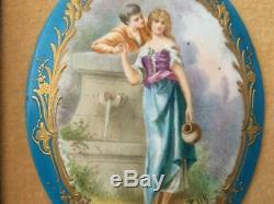 Antique Vtg Sevres Sty Blue & Gold Courting Couple Porcelain Cameo Plaque Signed