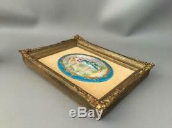 Antique Vtg Sevres Sty Blue & Gold Courting Couple Porcelain Cameo Plaque Signed