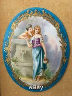Antique Vtg Sevres Sty Blue & Gold Courting Couple Porcelain Cameo Plaque Signed