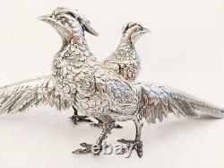 Antique Vtg Superb Realistic & Large Sterling Silver Pheasant Couple Signed