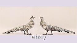 Antique Vtg Superb Realistic & Large Sterling Silver Pheasant Couple Signed