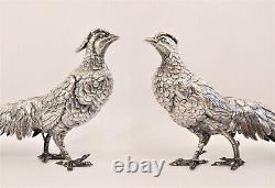 Antique Vtg Superb Realistic & Large Sterling Silver Pheasant Couple Signed