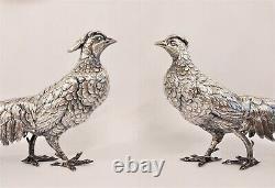 Antique Vtg Superb Realistic & Large Sterling Silver Pheasant Couple Signed