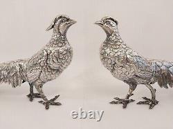 Antique Vtg Superb Realistic & Large Sterling Silver Pheasant Couple Signed