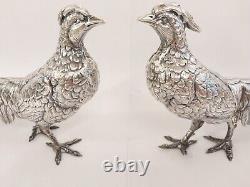 Antique Vtg Superb Realistic & Large Sterling Silver Pheasant Couple Signed