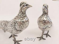 Antique Vtg Superb Realistic & Large Sterling Silver Pheasant Couple Signed