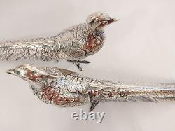 Antique Vtg Superb Realistic & Large Sterling Silver Pheasant Couple Signed