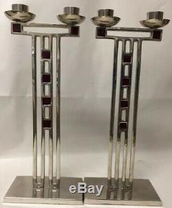 Antique WMF Signed Secessionist Art Nouveau Enamel Candlesticks Pair