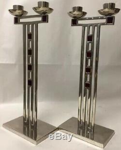 Antique WMF Signed Secessionist Art Nouveau Enamel Candlesticks Pair