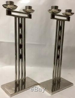 Antique WMF Signed Secessionist Art Nouveau Enamel Candlesticks Pair