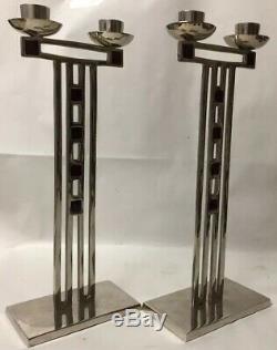 Antique WMF Signed Secessionist Art Nouveau Enamel Candlesticks Pair