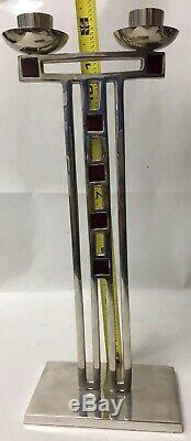 Antique WMF Signed Secessionist Art Nouveau Enamel Candlesticks Pair