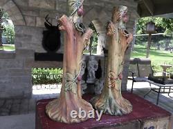 Antique Weller Pottery Woodcraft Flower Vases Matching Pair Signed 10 1/4t