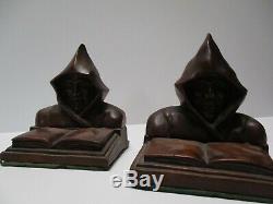 Antique Wood Carving Pair Men W Hoods Signed P. Russ Vintage Statue Bookends Old