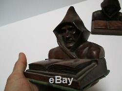 Antique Wood Carving Pair Men W Hoods Signed P. Russ Vintage Statue Bookends Old