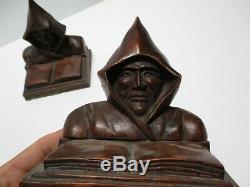 Antique Wood Carving Pair Men W Hoods Signed P. Russ Vintage Statue Bookends Old