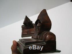 Antique Wood Carving Pair Men W Hoods Signed P. Russ Vintage Statue Bookends Old