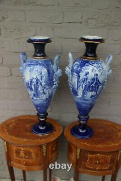 Antique XL PAIR french faience Ceramic Vases caryatid handles Rare signed