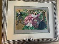 Antique Young Man Soaking A Couple Scene Watercolor Painting Framed